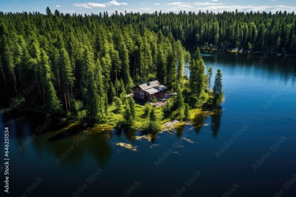 Aerial view of a wooden house on a small island in the middle of a lake. Aerial view of wooden cottage in green pine forest by the blue lake in rural summer Finland, AI Generated Aerial view of a wooden house on a small island in the middle of a lake. Aerial view of wooden cottage in green pine forest by the blue lake in rural summer Finland, AI Generated