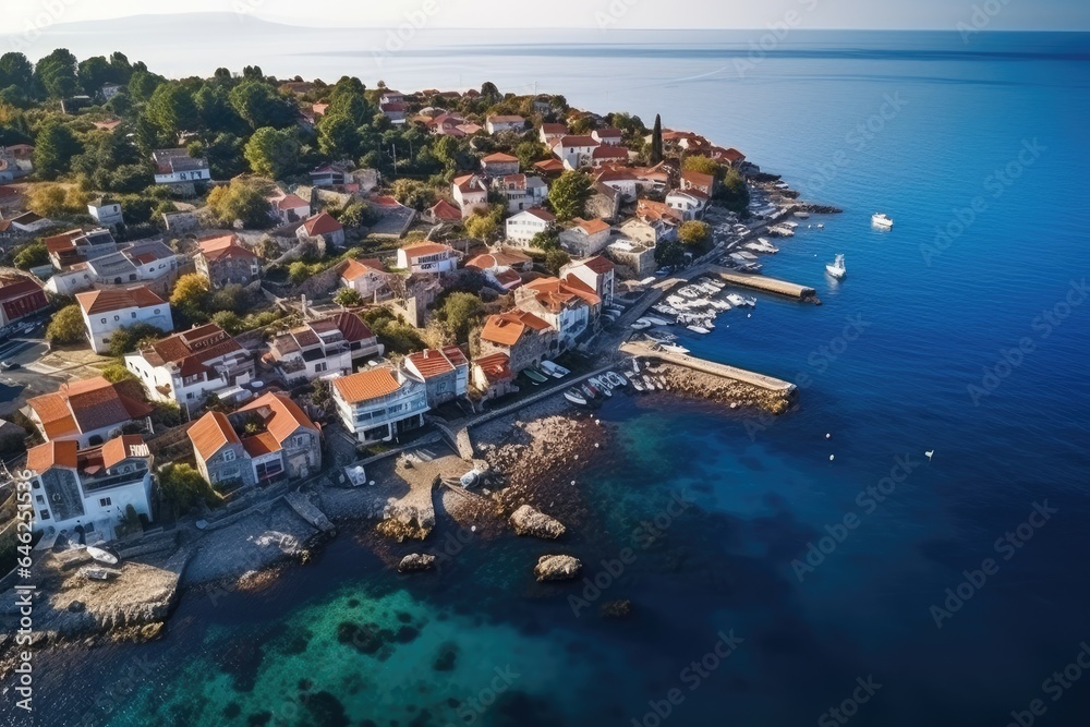 Aerial view of the old town of Sveti Stefan in Montenegro. Aerial view on the old town. Vacation and adventure. Town and sea, AI Generated