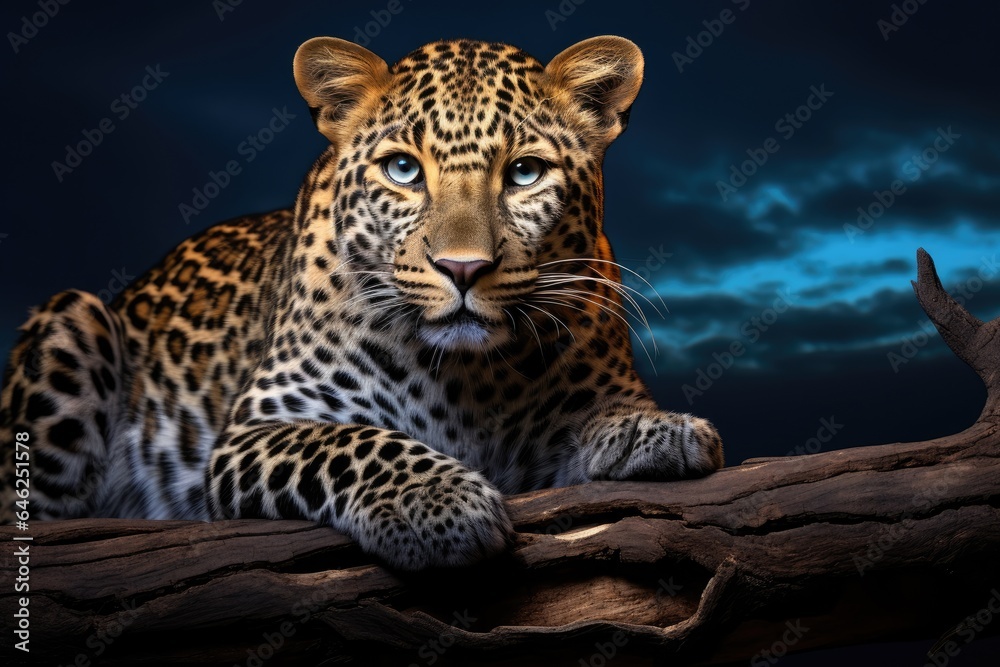 Fototapeta premium Leopard lying on a branch and looking at the camera, 3d render, African Leopard, Panthera pardus illuminated by beautiful light, resting on a dead tree, AI Generated