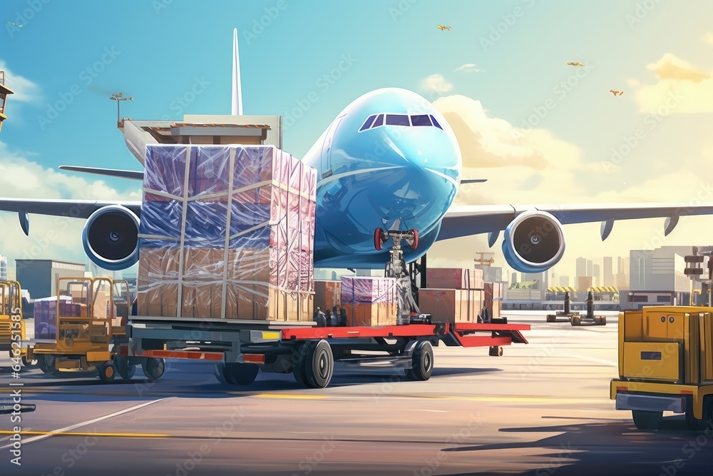 logistics and transportation of goods by plane in the airport. 3d rendering, airplane cargo transportation by plane, unloading containers of boxes at the airport, AI Generated logistics and transportation of goods by plane in the airport. 3d rendering, airplane cargo transportation by plane, unloading containers of boxes at the airport, AI Generated