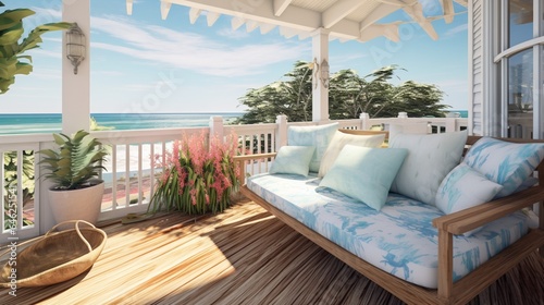 Enjoy the oceanic view from the wooden deck of this charming porch, complete with a comfy couch and vibrant potted plants