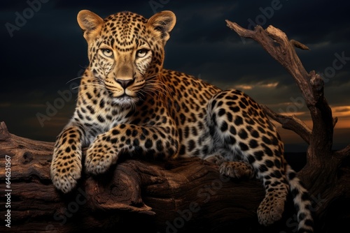 Leopard resting on a log in the evening, 3d render, African Leopard, Panthera pardus illuminated by beautiful light, resting on a dead tree, staring directly at camera against dark sky, AI Generated