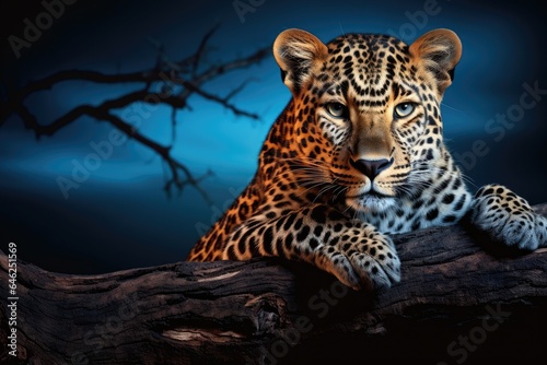 Leopard lying on a branch and looking at the camera on a dark background, African Leopard, Panthera pardus illuminated by beautiful light, staring directly at camera against dark sky, AI Generated