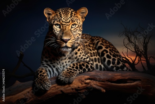 Leopard lying on a log in the evening, 3d render, African Leopard, Panthera pardus illuminated by beautiful light, resting on a dead tree, staring directly at camera against dark sky, AI Generated