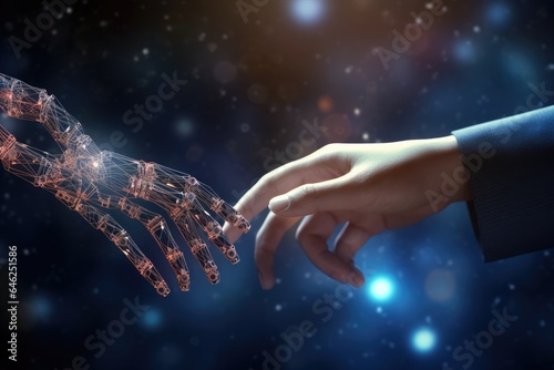 Close up of human hand touching with finger robot arm. 3D rendering, AI Machine learning Hands of robot and human touch, AI Generated