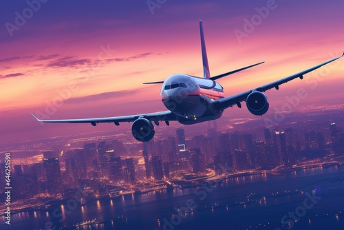 Airplane in the sky with cityscape background. 3d rendering, Airplane In Flight At Twilight With Blurred Cityscape, AI Generated