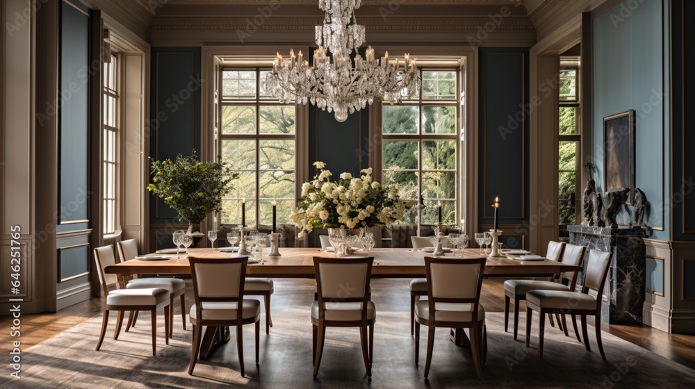 Experience the elegance of the dining room in this luxury home, centered around a beautiful wooden table Experience the elegance of the dining room in this luxury home, centered around a beautiful wooden table