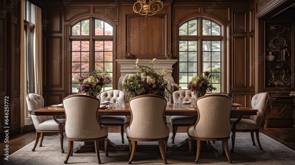 Experience the elegance of the dining room in this luxury home, centered around a beautiful wooden table