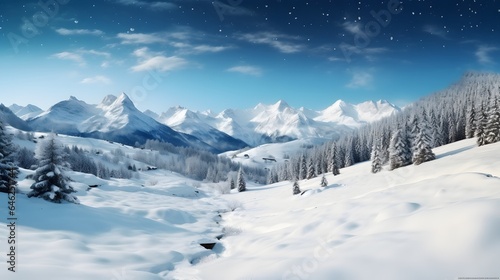 Beautiful winter panorama with fresh powder snow. Landscape with spruce trees, blue sky with sun light and high Alpine mountains on background © Lucky Ai