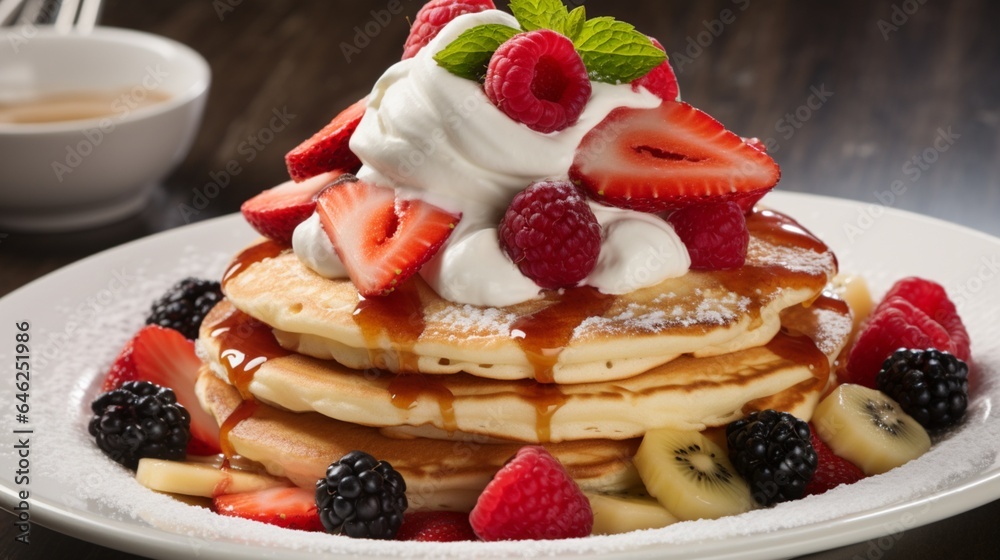 fluffy pancakes adorned with vibrant fruit toppings, generously smothered in whipped cream and syrup--an irresistible treat that's sure to tantalize your taste buds fluffy pancakes adorned with vibrant fruit toppings, generously smothered in whipped cream and syrup--an irresistible treat that's sure to tantalize your taste buds