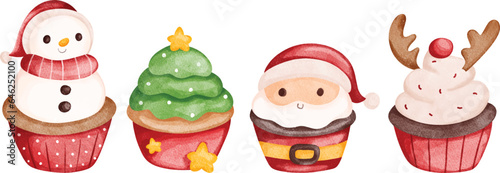 Watercolor Illustration set of cute Christmas cupcakes