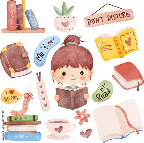Watercolor Illustration set of cute girls and book elements