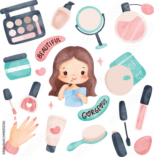 Watercolor Illustration set of cute girls and make up