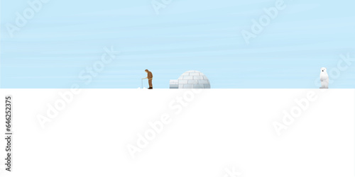 Eskimo fishing in front of igloo in snowland have polar bear looking from faraway flat design vector illustration.