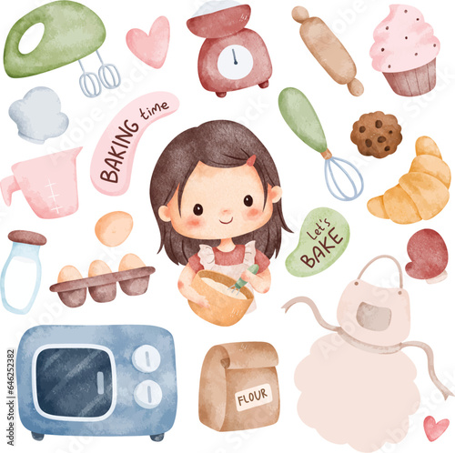 Watercolor Illustration set of cute girls and kitchen utensil elements