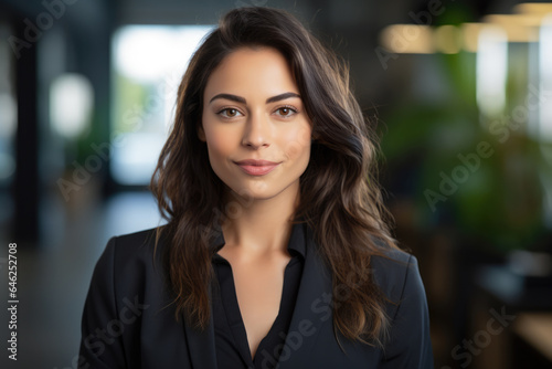 Smiling businesswoman with her office in the background