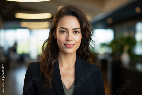 Smiling businesswoman with her office in the background
