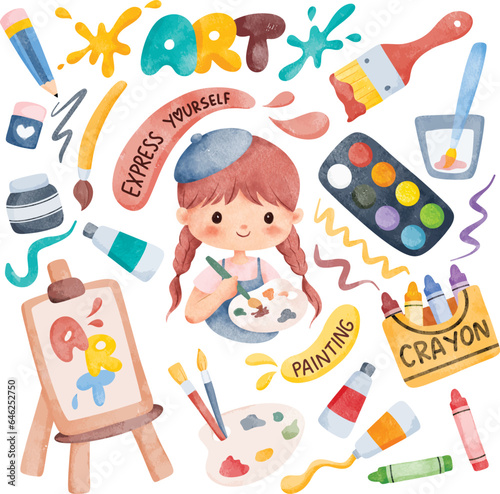 Watercolor Illustration set of cute girls with art and painting elements