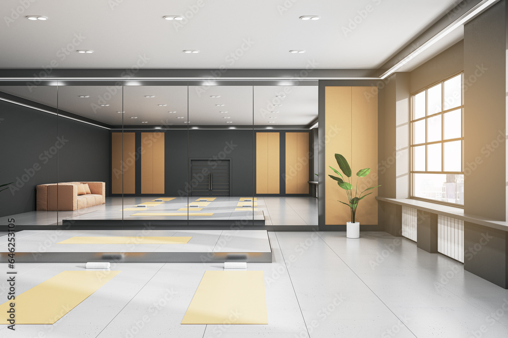 Clean group class in gym interior with yoga mats, mirror with reflections, window with city view and daylight. 3D Rendering. Clean group class in gym interior with yoga mats, mirror with reflections, window with city view and daylight. 3D Rendering.