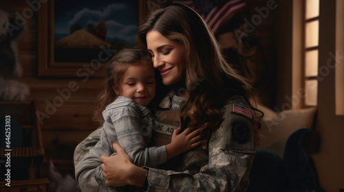 Military mother hugging and getting her little son