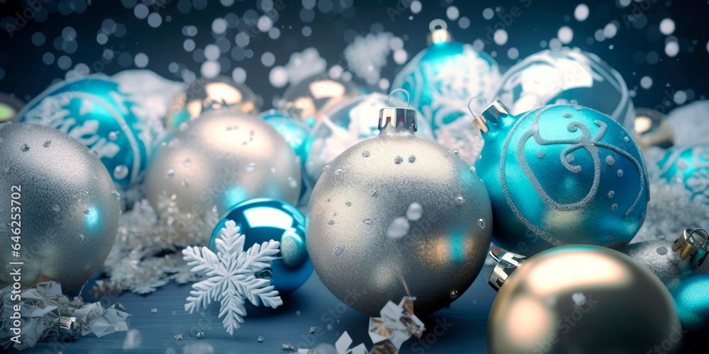 Christmas-themed background with snowflakes and ornaments Generative AI Christmas-themed background with snowflakes and ornaments Generative AI