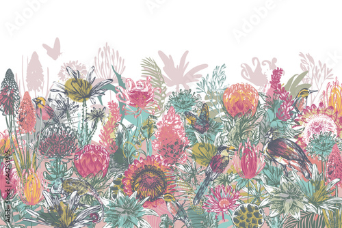 Vector background with traditional African flowers and plants and abstract texture