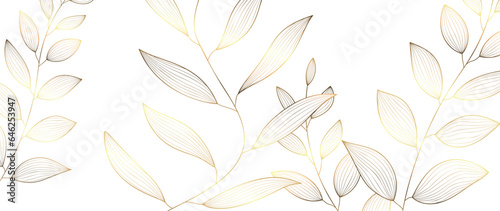 Botanical leaf line art wallpaper background vector. Luxury natural hand drawn foliage pattern design in minimalist linear contour simple style. Design for fabric, print, cover, banner, invitation.