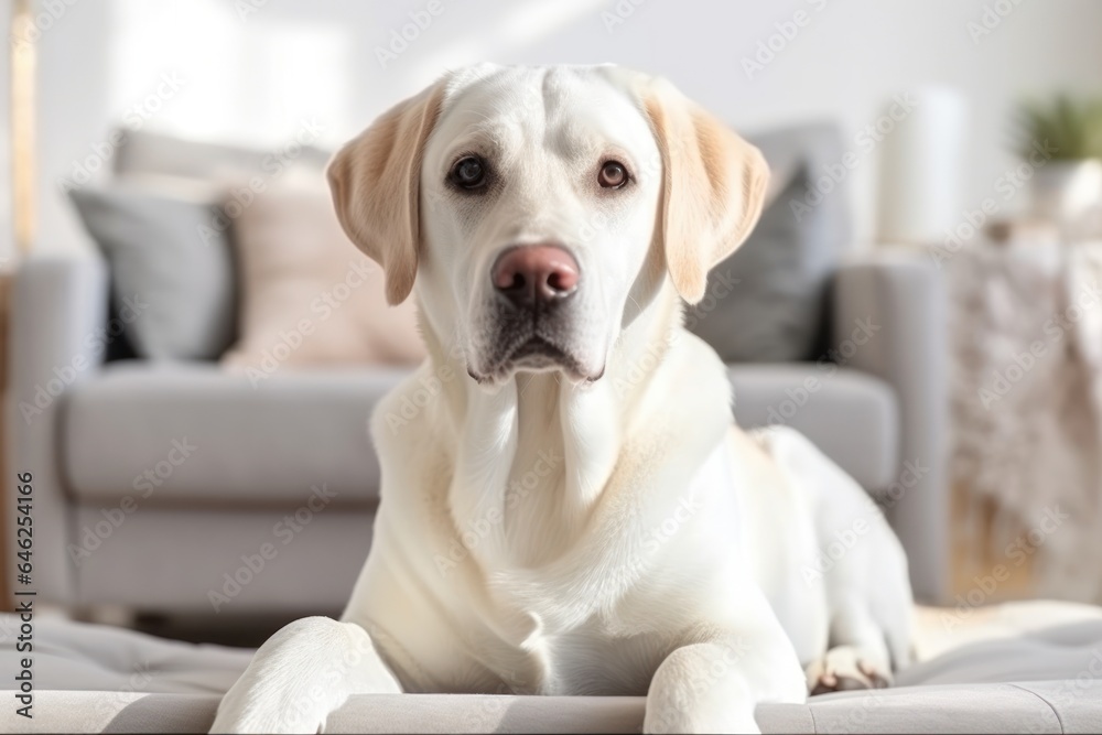 Modern bright living room interior Cute dog near couch. Modern bright living room interior Cute dog near couch.