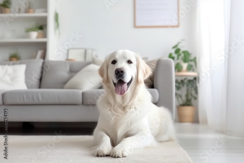 Modern bright living room interior Cute dog near couch.
