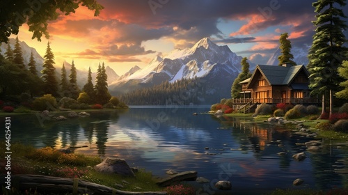 A breathtaking landscape adorned with a serene lake and delightful wooden houses
