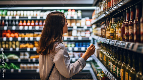 A young woman chooses products in a grocery store