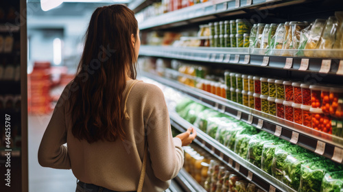 A young woman chooses products in a grocery store photo