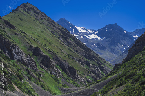 Tien Shan Mountains in the Koksai Gorge in the Aksu-Zhabagly Nature Reserve in Asia in Kazakhstan in summer under a blue sky