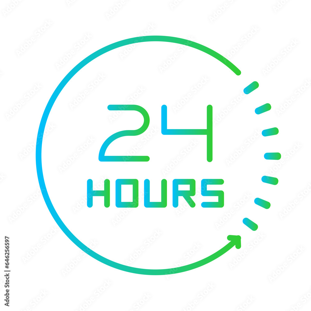24 hours assistance cyber security icon with blue and green gradient outline style. support, assistance, service, customer, 24, time, clock. Vector Illustration