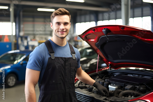 Portrait of confident Male mechanic standing in an auto repair shop, handsome young auto mechanic in uniform repairing car in the car repair shop