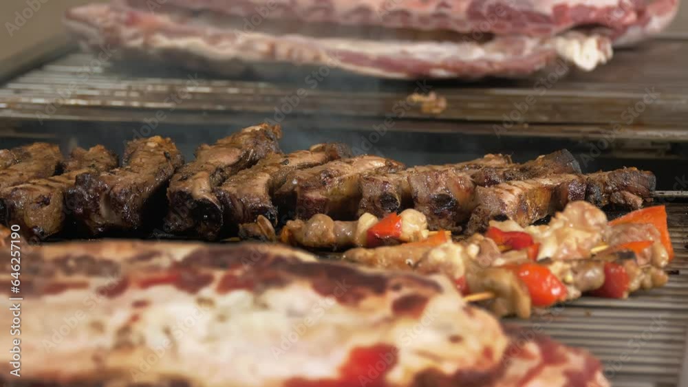 meat. street food. close-up. grilled meat. fair. food festival. street market. culinary exhibition or fair. meat. street food. close-up. grilled meat. fair. food festival. street market. culinary exhibition or fair.