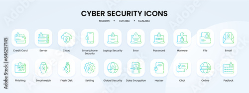 Cyber security icon collection with blue and green gradient outline style. security, data, cyber, set, protection, safety, technology. Vector illustration