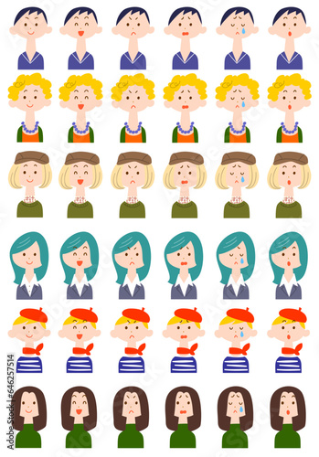 6人の女性の6種類の表情のイラスト_3
