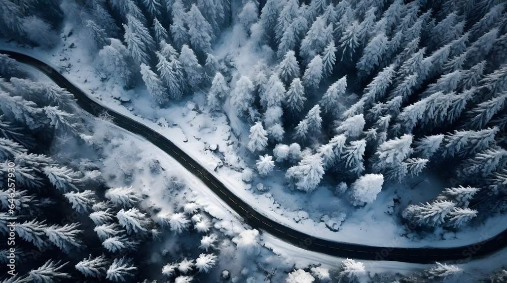 Winter Landscape with Frozen River. Top Down Drone View.