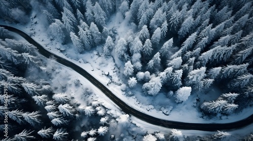 Winter Landscape with Frozen River. Top Down Drone View.