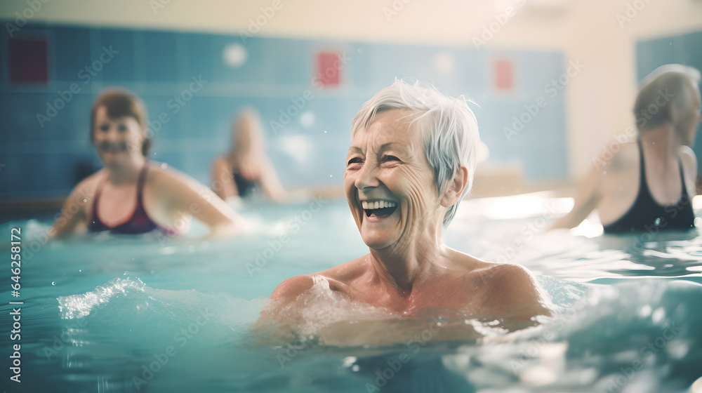 Fototapeta premium Portrait of a happy active senior woman enjoying aqua fit class at an outdoor swimming pool, embodying a healthy, retired lifestyle and longevity in their golden years.