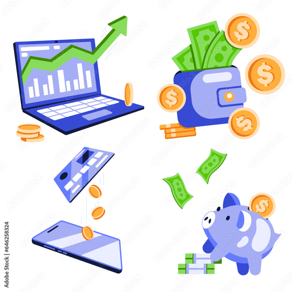 Set of 2d business icons. Laptop, piggy bank, wallet with money, credit card, phone. Set of 2d business icons. Laptop, piggy bank, wallet with money, credit card, phone.