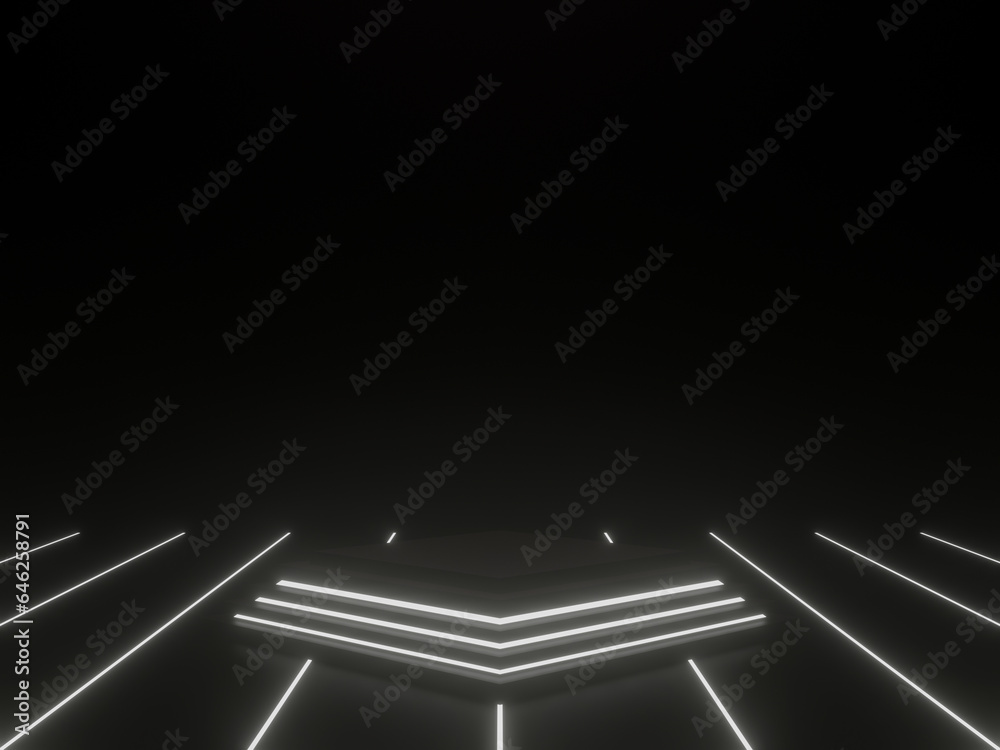 3D black geometric podium with white neon lights. 3D black geometric podium with white neon lights.
