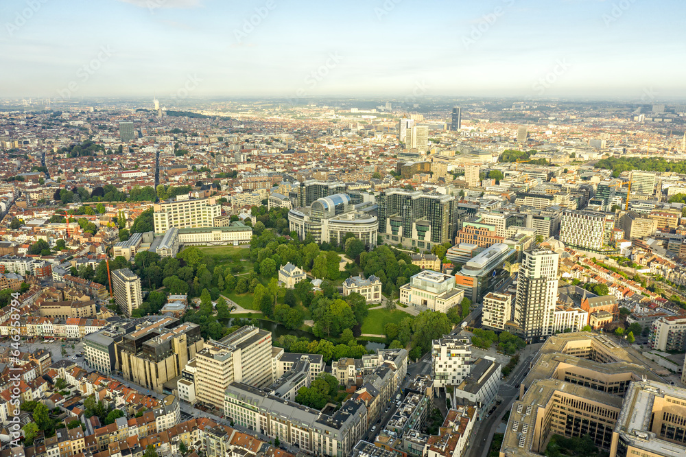 Brussels, Belgium - July 3, 2019: The complex of buildings of the European Parliament. Aerial photography