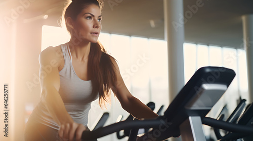 Young woman doing cardio exercises on stationary bike at the gym  female doing sport biking in the gym for fitness in the morning  healthy lifestyle concepts.