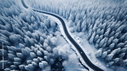 Winter Landscape with Frozen River. Top Down Drone View. © Lucky Ai
