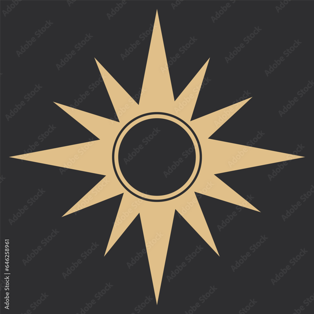 Celestial border sun line frame golden, mystic shape, space element isolated. Line round decoration.