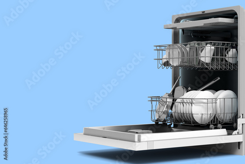 modern new open dishwasher perspective view 3d render on blue