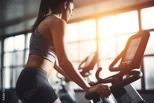 Young woman doing cardio exercises on stationary bike at the gym, unrecognizable female doing sport biking in the gym for fitness in the morning, healthy lifestyle concepts. © AspctStyle