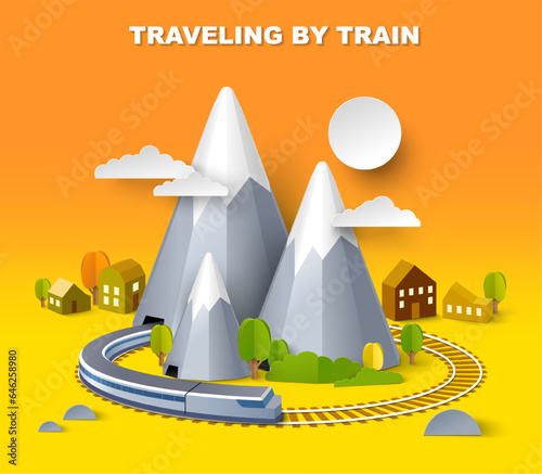 Traveling by train isometric vector poster with mountain design
